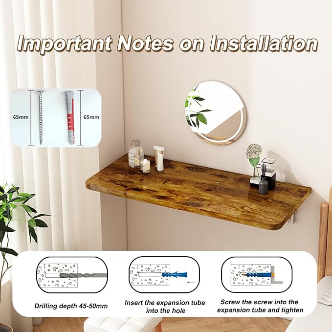 Rustic Wall Mounted Folding Table, Solid Wood Floating Desk with Stainless Steel Brackets, Space Saving Shelf for Home Office, Kitchen, Dining, Laundry Room (60X40cm / 23.63"X15.75")