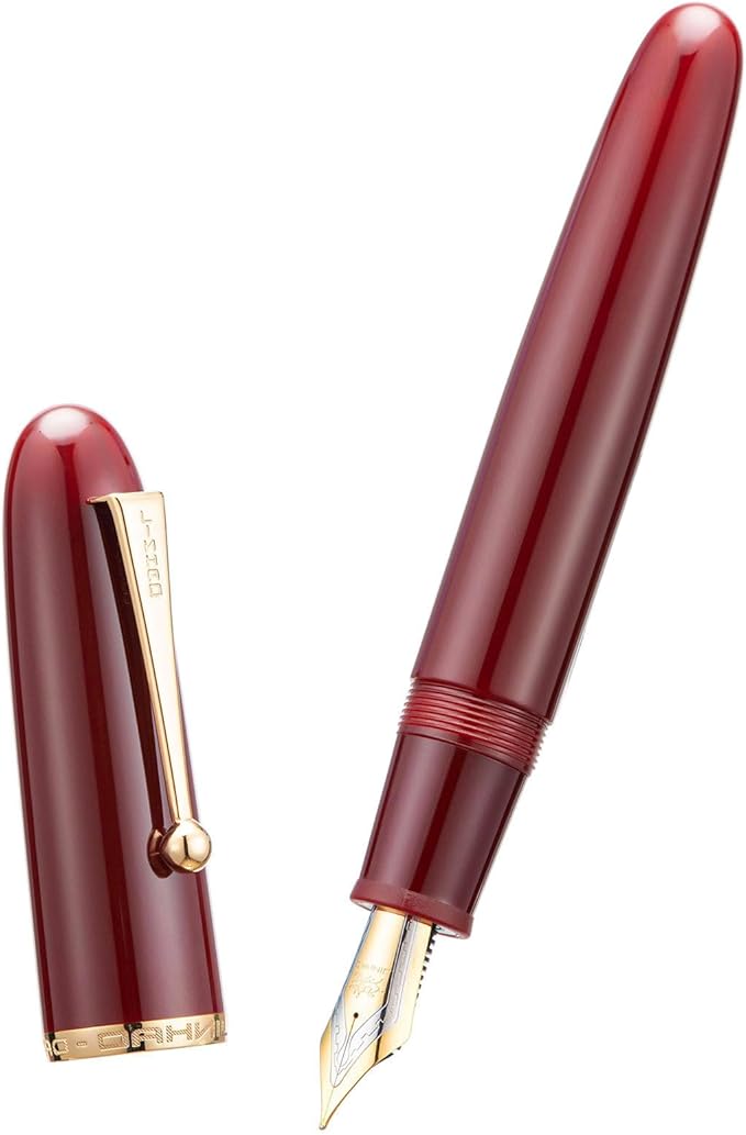 Jinhao 9019 Fountain Pen Dadao Series Wine Red Acrylic Gold Trim #8 Extra Fine Nib with Large Converter for Writing, Signature and Calligraphy