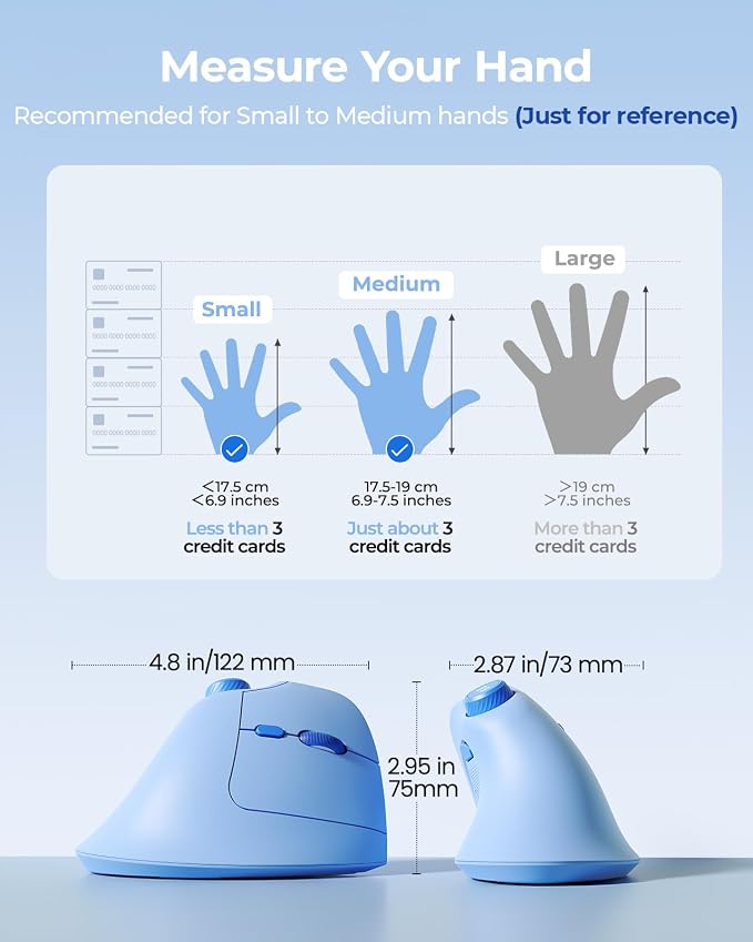 seenda Ergonomic Mouse Wireless, MOU-302 Bluetooth Vertical Mouse Rechargeable, Volume Knob, Silent Mice & 1000/1600/2400 DPI, 3 Multi-Device Connection for Windows/PC/Laptop/Mac/MacBook, Blue