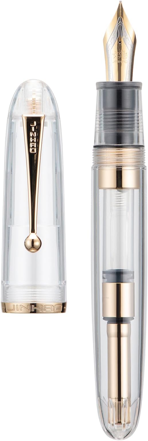 Jinhao 9019 DaDao Series Fountain Pen, Size 8 Medium Nib with Refillable Large Ink Converter, Transparent Clear Design Smooth Writing Pen (Gold Trim)