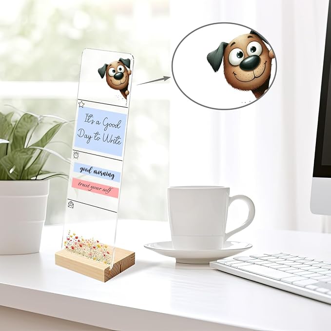 Sticky Note Holder, Monitor Memo Board, Acrylic Post It Note Holder with Wooden Base, Includes 200 Notes, Desk Organizer for Office, Cute Dog Design