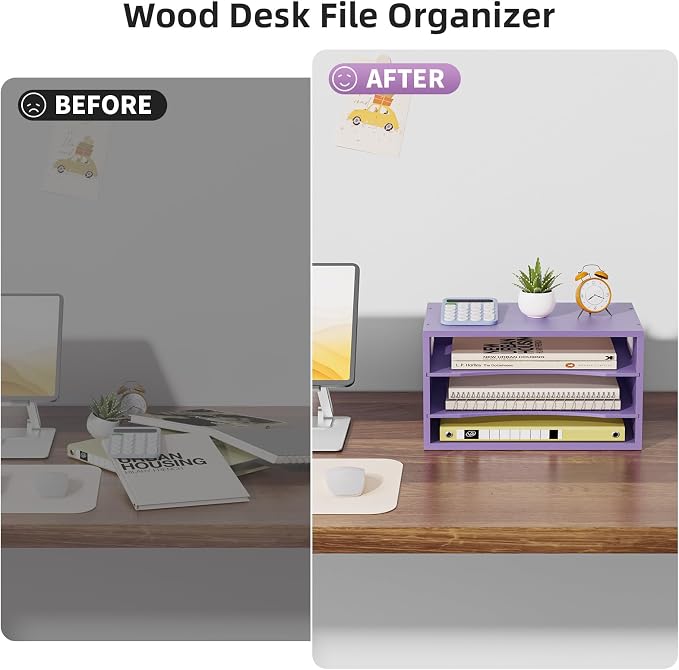 Marbrasse 3 Tier Wood Desk Organizer, Paper Letter Tray Organizer，Purple | Wooden Desktop File Organizer with Handle and Paper Sorter Mail Holder for Office School & Home Supplies Organization