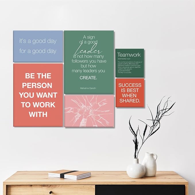YEOION Inspirational Office Wall Art for Women,Motivational Teamwork Wall Decor for Office,Orange and Green Postive Quote Workplace Canvas Wall Art for Set of 6