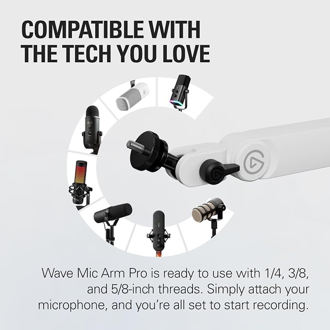 Elgato Wave Mic Arm Pro White - 360° Rotatable Low Profile Gas Spring Microphone Arm, Works Mics/Shure SM7B/HyperX QuadCast/Rode/Blue Yeti & More – for Broadcasting/Podcasting/Streaming