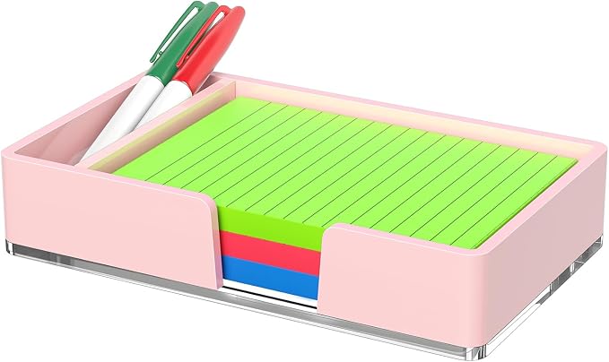Sticky Note Holder with Pen Slot, Pink Acrylic Notepad Holder 4x6 in Self-Stick Note Dispenser Office Desk Accessories, Memo Pad Holder Organizer for Classroom School Supplies