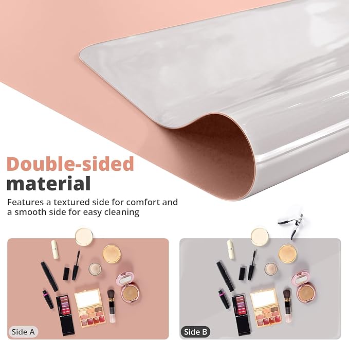 LovePads Makeup Mat for Vanity, 17 x 28 Dual-Sided Desk Pad & Vanity Cover Top, Waterproof PVC Protector Mat for Dresser, Nail Art, Craft Table (Pink+Silver)
