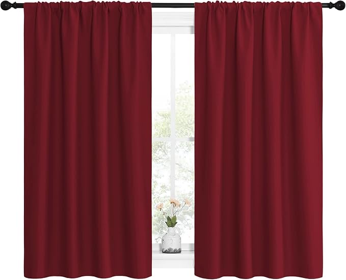 NICETOWN Christmas Burgundy Curtains Blackout Drape Panels - Lights Block Out Window Treatment Short Curtain Sets for Loft and Basement Decoration (Set of 2, 42 by 54-Inch)