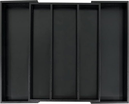 Utoplike Bamboo Drawer Organizer Kitchen Utensils, Silverware Tray Black | Adjustable Cutlery Holder Organiser, Expandable Drawer Divider for Flatware, Knives in Kitchen, Bedroom, Livingroom, 3-5 Slot