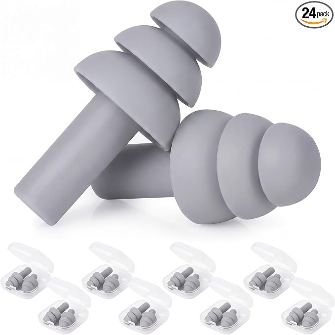 24 Pairs Grey Ear Plugs Bulk NRR 29dB Reusable Silicone Ear Plugs with Plastic Cases Soft Foam Plug for Sleeping Noise Cancelling Concerts Shooting Swimming Noise Reduction