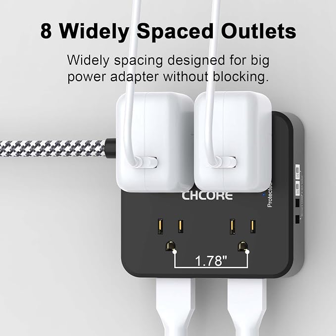 Surge Protector Power Strip - CHCORE 6Ft Braided Extension Cord with 8 Outlets with 4 USB (2 USB C) Charging Ports, Flat Plug Multi Plug Outlet Extender Charging Station for Home Office, ETL, Black