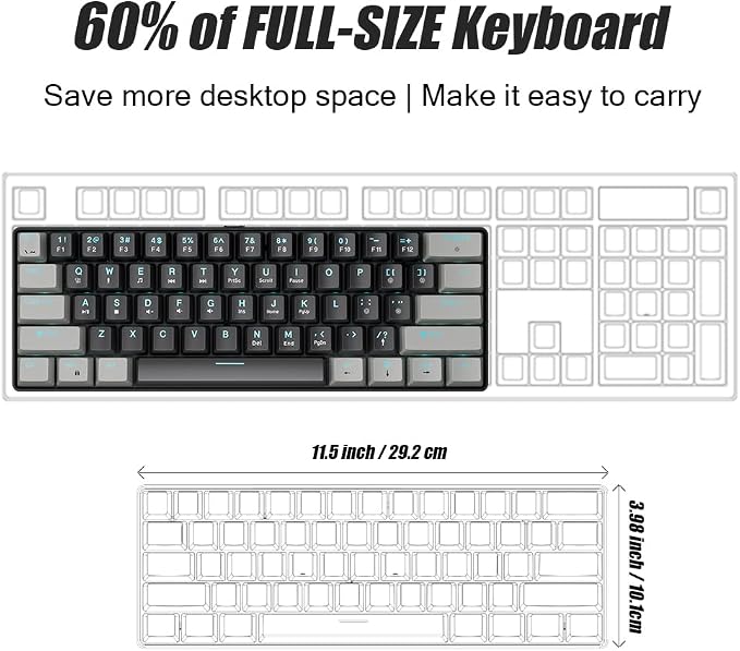 abucow 60% Mechanical Gaming Keyboard Blue Switch Wired Compact Keyboard Anti-Ghosting No-Conflict 61 Swappable keycaps Ergonomic Design for Windows/Mac (Gray-Black)