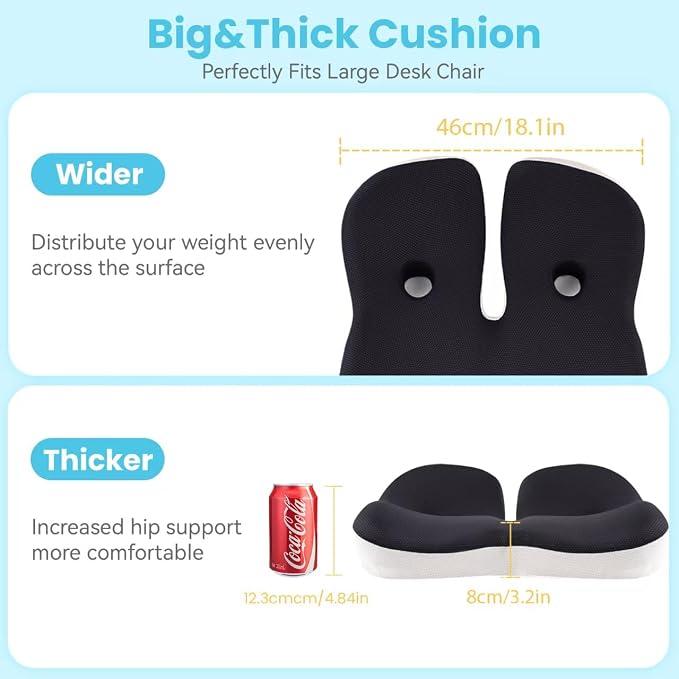 Seat Cushion, Memory Foam for Sit Bone and Back Pain Relief | Dual-Hole Ventilation, Coccyx,Sciatica and Tailbone Hip Relief ,Posture Support ,Office Chair and Car Seat,Home Use
