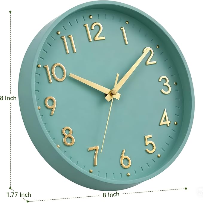 Mosewa Small 8 Inch Wall Clock Battery Operated Silent Non Ticking Analog | Mint Green modern clock; oversized 3D easy-read dial for kitchen, bedroom & office; 1 AA battery (not included)