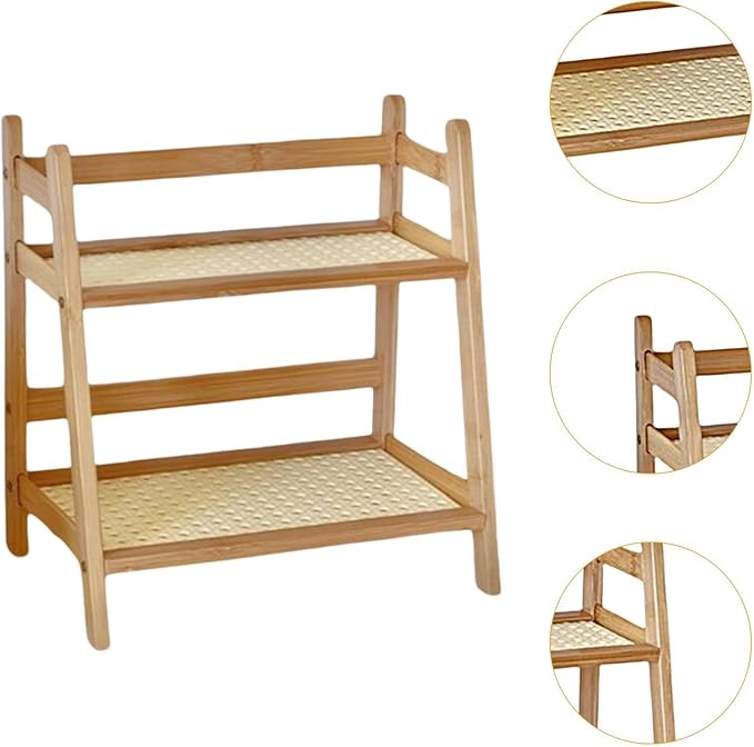Desk Storage Organizer Bamboo Double Layer Rack,Flower Pot Stand,Desktop,2 Tier Home Decor for Kitchen Desk Bedroom Counter