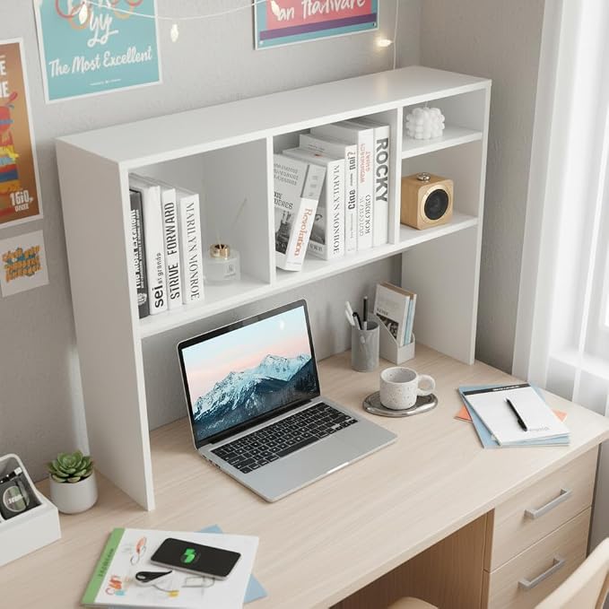 Tangkula Desktop Bookshelf, Countertop Storage Hutch with 4 Shelves for Computer Desk, Desktop 2-Tier Display Rack, Multipurpose Wood Desktop Hutch Storage Organizer for Dorm Office Home (White)