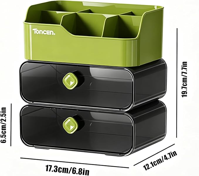 Desk Organizer with Drawers & Divided Compartments, Stackable Desktop Storage Caddy for Makeup and Office Stationery (Black)