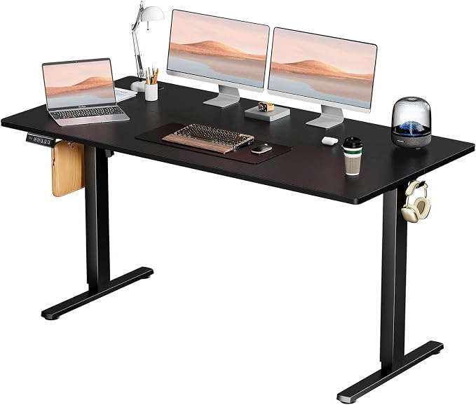 Sweetcrispy Electric Standing Desk Adjustable Height, 63x24 Inch Sit Stand Up Home Office Desks Memory Computer Workstation PC Work Table with Preset Splice Wood Board Metal Frame, Black