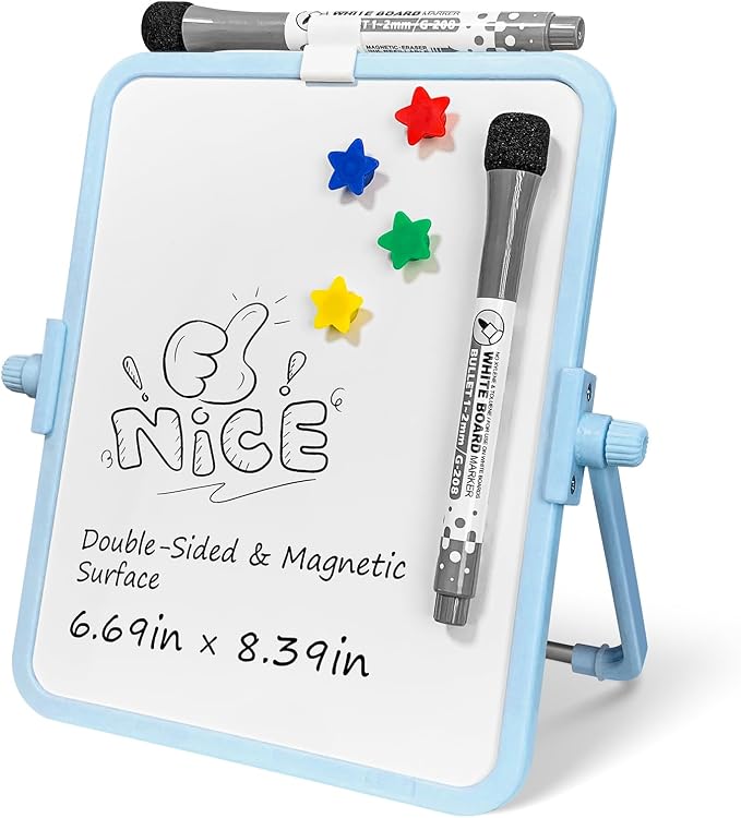 Colorful Dry Erase White Board 6.7x8.4in, Magnetic Desktop Board with Stand, 2 Markers (Eraser Head), 4 Magnets - Double-Sided Easel for Daily Planning, Memo, Office/Home/School (Blue)