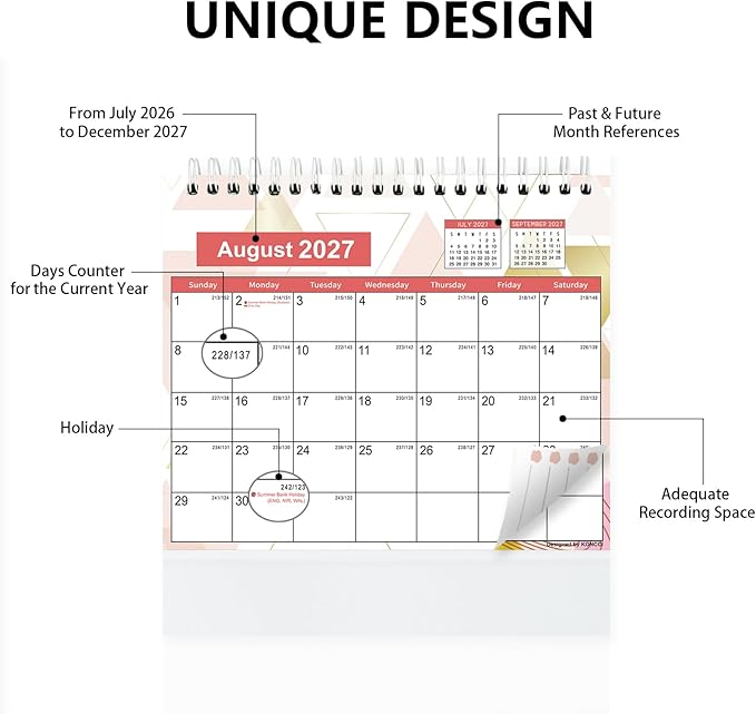 Small Desk Calendar 2026-2027, Koncci Standing Flip Desk Calendar with Stickers (July 2026-December 2027), US Holidays Marked Desktop Planner for Easy Organizing (7" x 8.5")