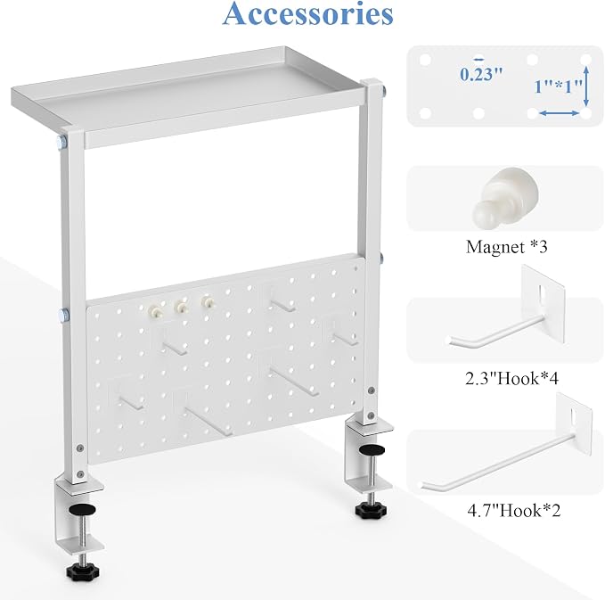 Jumyee 2-Tier Side/Top Clamp On Desk Shelf With Magnetic Pegaboard(White) | Adjustable Desk Pegboard Tray & Magnetic Accessories, No-Drill Clamp On Desk Organizer Pegboard with 6 Hooks
