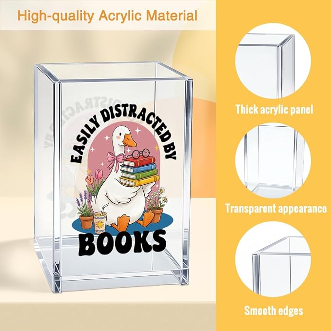 Easily Distracted By Books Acrylic Organizer Pencil Pen Holder, Cute Goose Book Stack Design Desk Storage Organizer, Bookworm Gifts for Book Goose Lover Bibliophile Librarian Books Club Member
