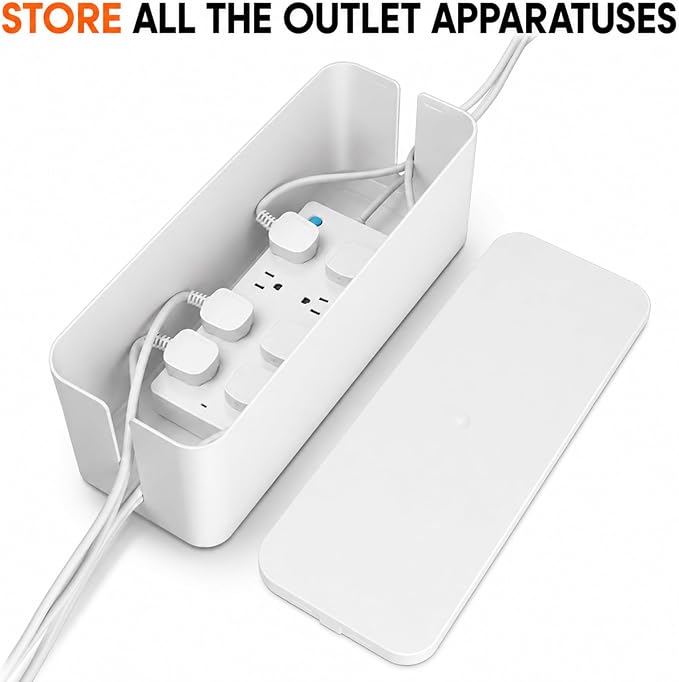 [Set of 3] 3 Cable Management Boxes + 3 Wire Ties, Large Cord Box Organizers to Hold and Hide Power Strip Charger Adapter Power Cord Charging Station USB HUB (White)