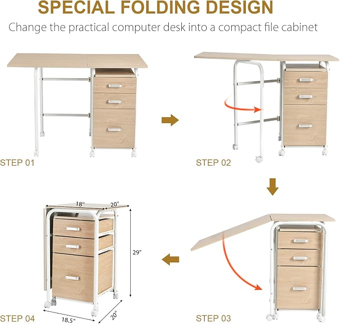 Tangkula Folding Computer Desk with 3 Storage Drawers, Mobile Home Office Desk Study Writing Desk with Smooth Wheels, Space Saving Compact Desk for Dorm Apartment, Rolling Folding Desk Table