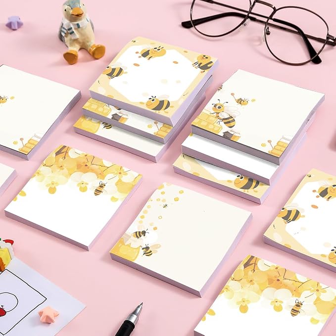 4-Pads 3x3 Sticky Notes, Bee Memo Pads with High-Adhesive, Animal Self-Stick Notes, Reusable & Tearable for Journal Planners Office School Home, Cute Stationery Gift - Bee Honey