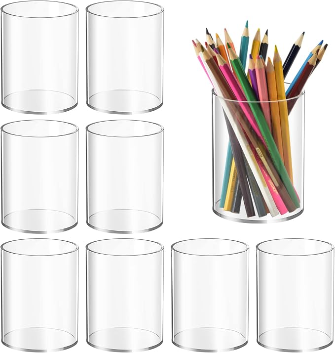 Mototo 8 Pieces Clear Acrylic Pen Holder Round Acrylic Pencil Cup Clear Makeup Bush Holder Acrylic Desktop Stationery Organizer for Office School Home Desk Accessories (8 Pack, Round)