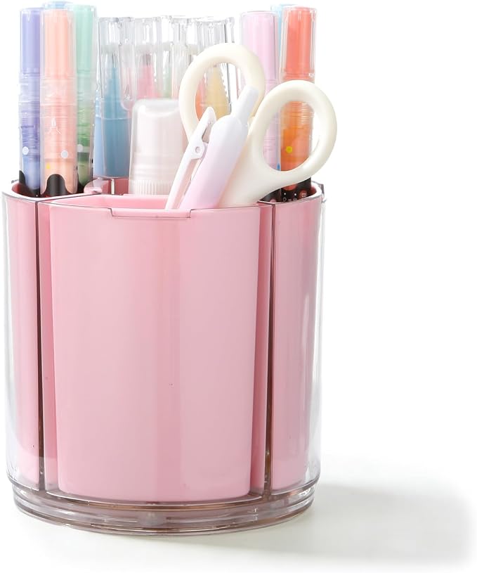 Comix 360° Rotating Pen Holder for Desk, Pink Pencil Holder with 5 Slots | Expandable Capacity, Acrylic Pen Organizer Easy to Clean, Cute Pencil Cup for Home School Office Art Supplies