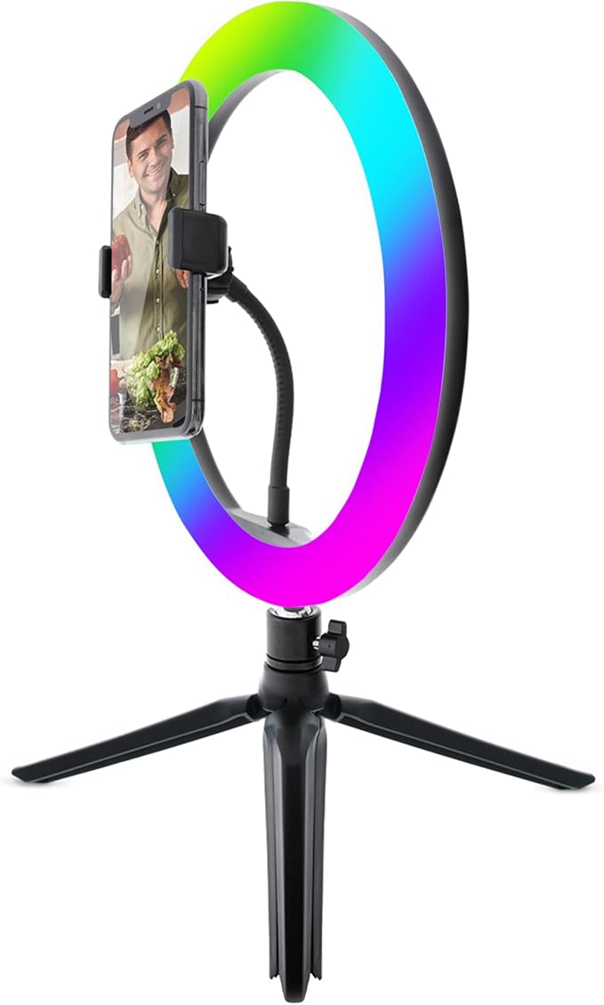 Monster 10” Multicolor LED Ring Light Smartphone Mount with Folding Tripod Stand, Multiple Brightness/Color/White Settings, Flexible Gooseneck, Ideal for Videos/Live Streaming, USB-Powered