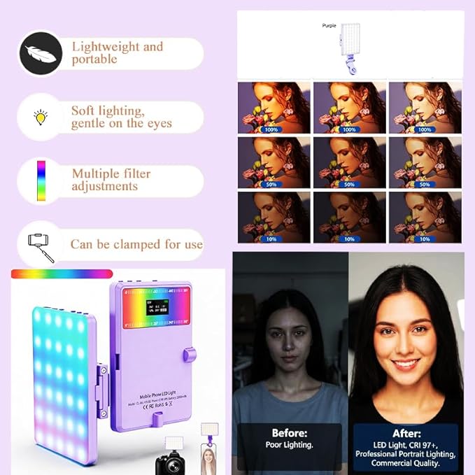 Selfie Light for iPhone-camera light for content creator -portable light-Clip on Light with 3 Mode&10 Brightness Levels, Ring Light for Phone for TikTok-Makeup-video recording-Vlog-Laptop-Purple