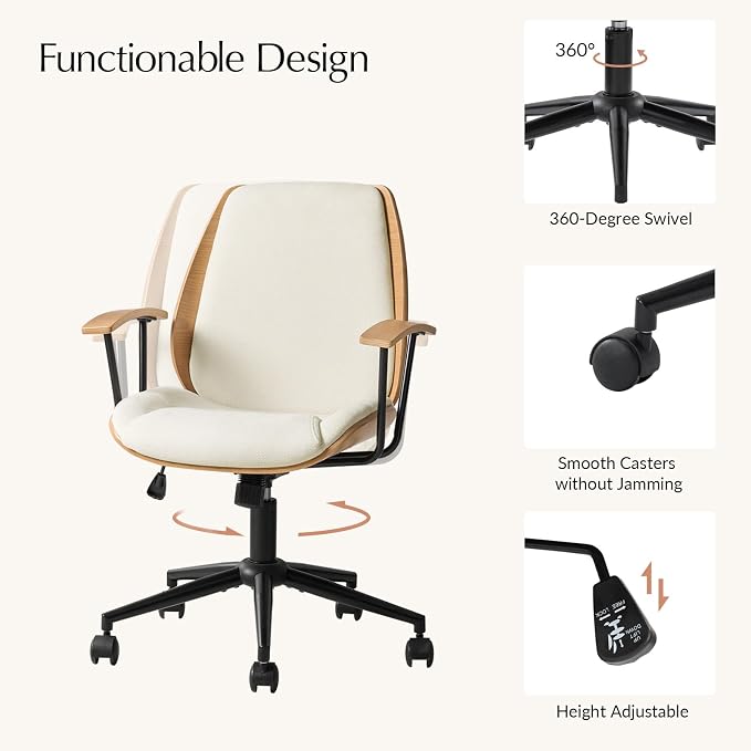 HULALA HOME Solid Wood Office Chair with Tilt Function & Metal Base, Ivory | Mid Century Modern Desk Chair with Bent Wood Frame, 360° Swivel Fabric Computer Task Chair, Height Adjustable