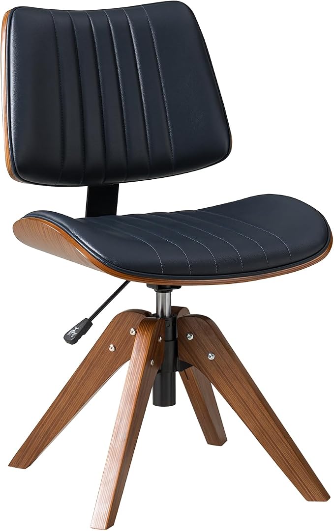 HULALA HOME Faux Leather Home Office Desk Chair No Wheels, Navy | Mid-Century Modern Desk Chair with Wood Legs, 360° Swivel Computer Task Chair with Channel-Tufted Backrest, Height Adjustable