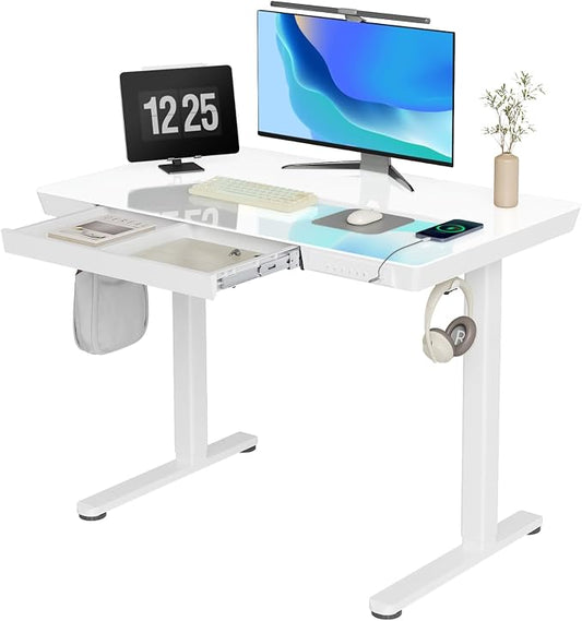 Claiks Glass Standing Desk with Drawers & USB Ports 40x24 Inch, White | 3 Steps Quick Install, 2 Zones Drawer, USB Ports, Ultra White One-Piece Glass Top, Writable Top