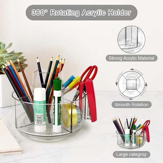 Rotating Acrylic Pen Holder, Clear Pencil Holder for Desk, 360 Degree Rotating Makeup Brush Holder and Storage Organizer, Modern Desk Organizer for School, Home and Office.