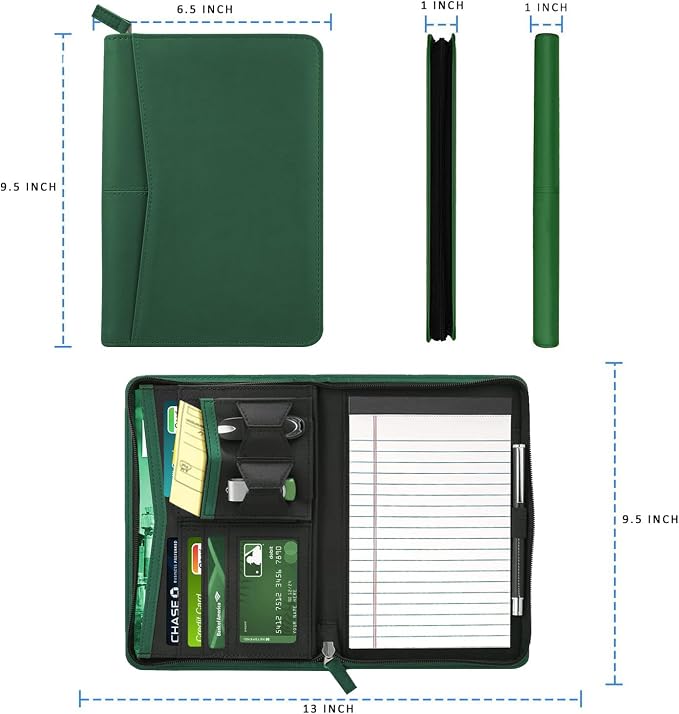 Junior Padfolio Portfolio with 5 x 8 Writing Pad, A5 Business Portfolio Binder Folder Organizer Multi-Function Combination Case for Men Women, Dark Green