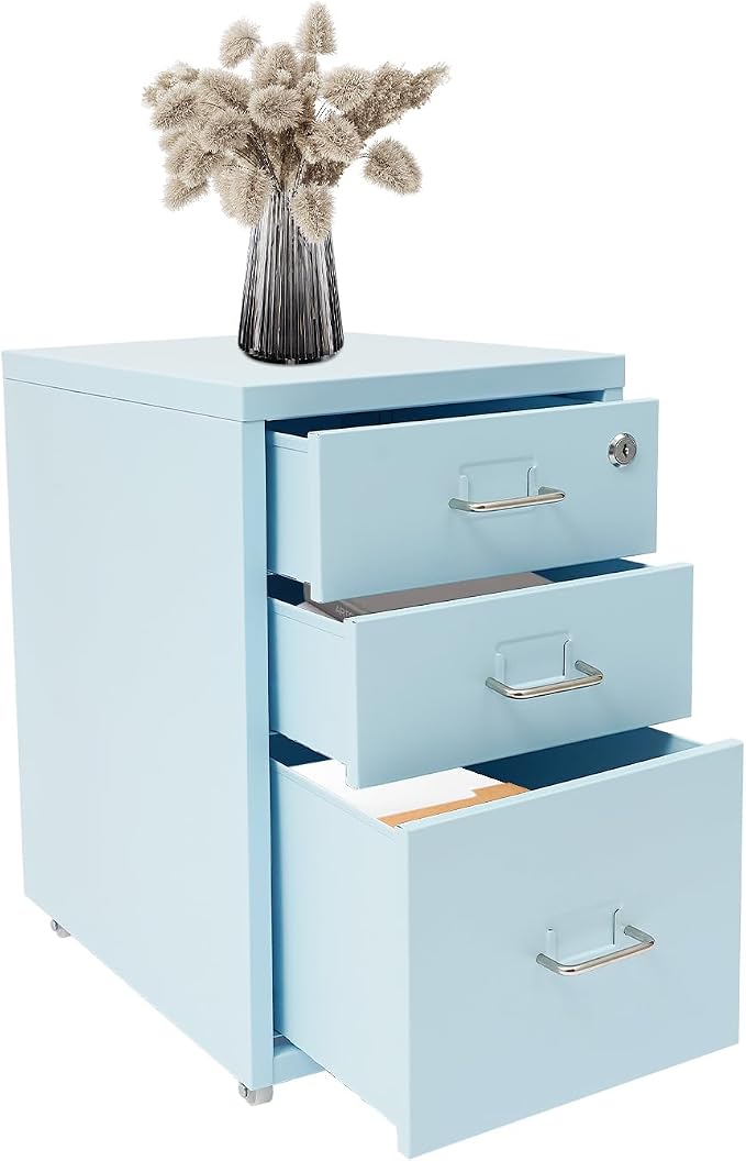 3 Drawer File Cabinet with Lock, Freestanding Filing Metal Drawers Organizer Vertical Metal Rolling Organizer Movable Under Desk Cabinet with Wheels for Home Office Living Room Study (3 Tiers Blue)