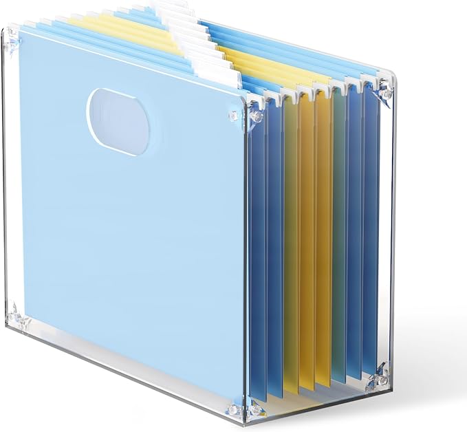 Oterri Acrylic File Organizer with Handle, Clear Desktop Box | 3mm Acrylic, Stain-Resistant, With Handle, Holds Letter Docs, Includes Hardware, Office, Home, Classroom, Countertop.