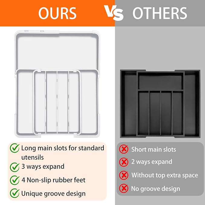 Silverware Drawer Organizer, Adjustable Utensil Tray for Kitchen Drawer, 19 x 15 Inches Flatware and Cutlery Holder, Expandable Plastic Storage for Spoons Forks Knives, 4-7 Slots, White