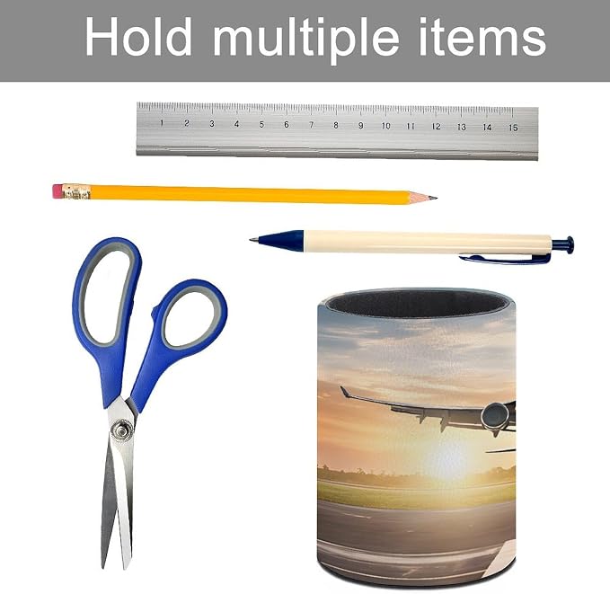 PU Leather Desk Organizer Pen Holder Cup for Office Home School, Airplane Pen Holder, Minimalist Round Stationery Caddy, Stylish Desktop Storage for Supplies Gifts