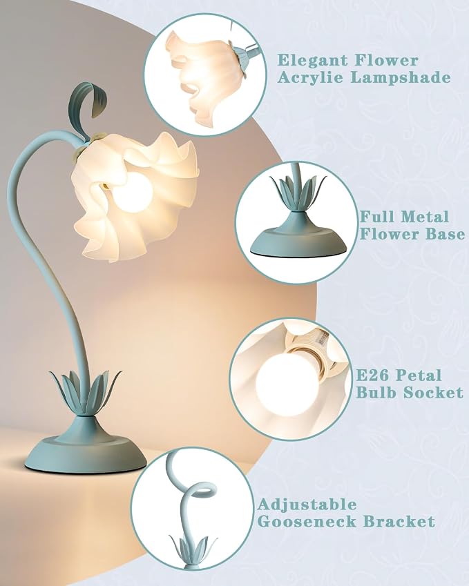 WERFOP Flower Table Lamp, LED Reading Light Vintage Bedside Table Lamp with 3 Color Modes for Nightstand, Kawaii Decoration for Home Bedroom Living Room (Blue)