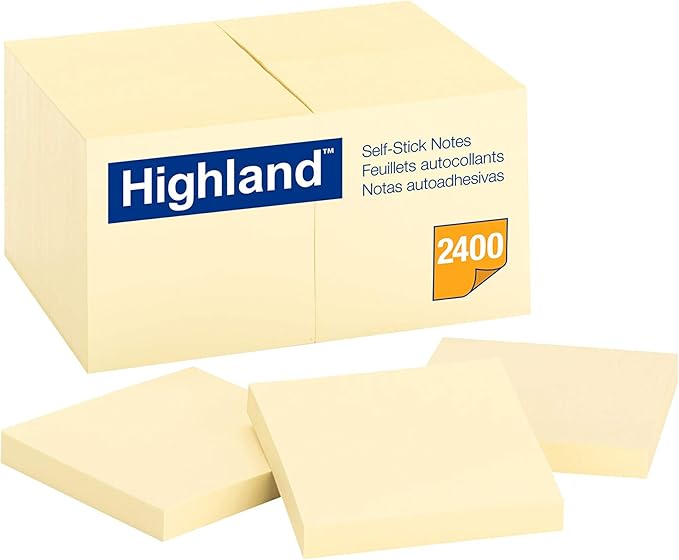 Highland Sticky Notes, 3 x 3 Inches, Yellow, 24 Pads/Pack, 8 Packs Total