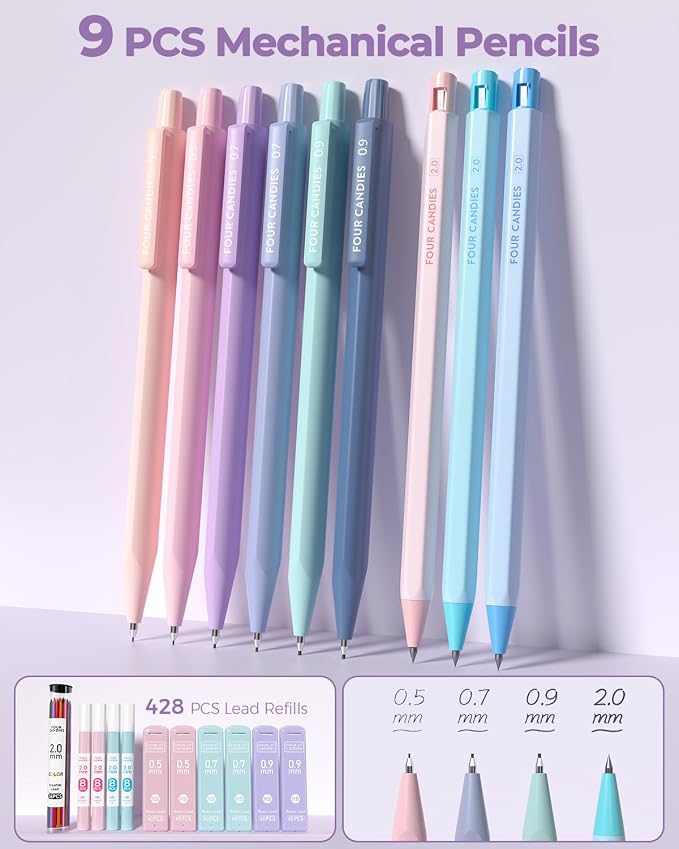 Four Candies 56 PCS Stationery Set, Cute Storage Case with Supplies, 6 Multicolor Pens, 12 Pastel Highlighters, 5 Gel Pens Black Ink, 9 Mechanical Pencils for College Essentials Stuff (Purple)