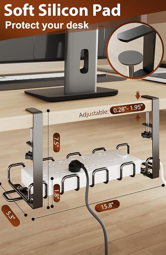 Cable Management Tray Under Desk 15.8'' - 4mm Wire Sturdy Cord Organizer for Desk Accessories - Cord Organization with Clamp No Drill - Standing Desk Accessories for Home Office