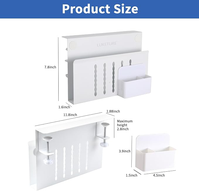 LUKETURE Desk Side Storage, Steel Side Desk Organizer, No Drill Laptop Holder, Clamp on Laptop Mount with Pen Holder, Table Hanging Storage for Home Office, Fits Flat Edge Tables 0.3" to 2.8"