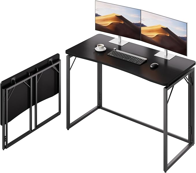 JOYMOOP Black 40" Folding Desk, No Assembly Small Foldable Desk for Home, Office, Wooden Top Folding Computer Desk for Working, Writing, Studying - Middle Size