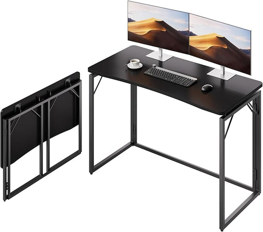 JOYMOOP Black 40" Folding Desk, No Assembly Small Foldable Desk for Home, Office, Wooden Top Folding Computer Desk for Working, Writing, Studying - Middle Size