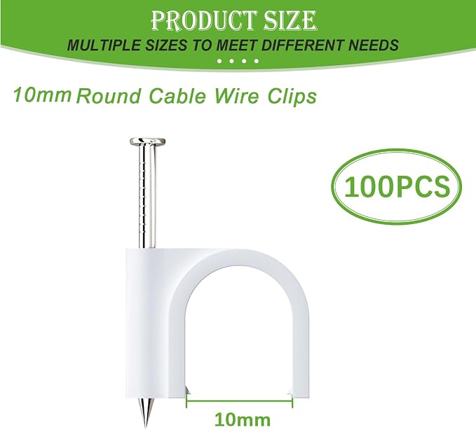 mxuteuk 100PCS Cable Clips with Steel Nails,10mm Round White Cable Wire Clips,Wall Clips for Cords,Cable Cord Clips for RG6 RG59 CAT6 RJ45