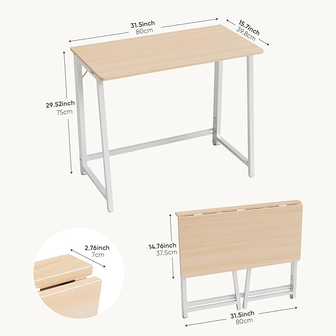DUMOS 31.5 Inch Folding Desk, Foldable Computer Table for Small Spaces, Metal Frame Gaming Writing Work Station, Mini Home Office Surface, Oak